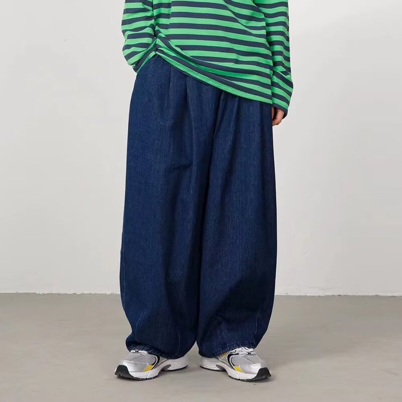 Japanese Retro Dark Blue Wide-Leg Jeans Men's Trendy Brand Plus-Size Loose Lantern Pants Couple Bf Style Cargo Long Pants