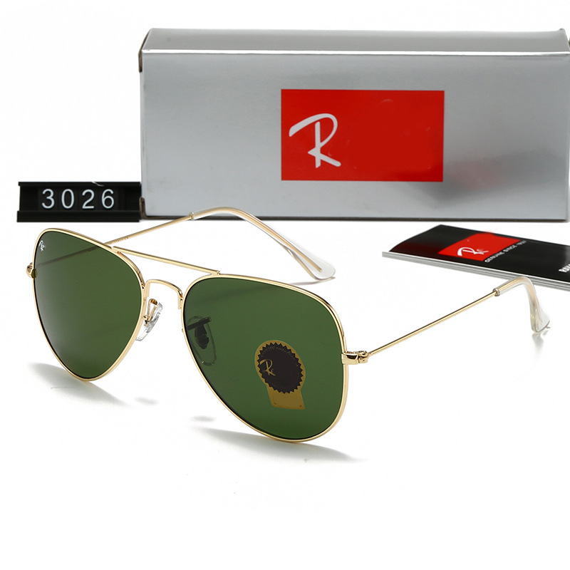 Tempered Glass Sunglasses 3026 Pilot Metal Frame Sunglasses for Men and Women Classic Toad Mirror Retro Sunglasses