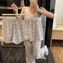 2026春夏（带胸垫泡泡棉）软糯蕾丝性感睡衣女直播爆吊带三件套
