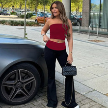 欧美女装2025冬季新款修身裹胸喇叭长裤两件套撞色拼接时尚套装女