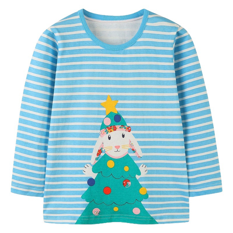 Camiseta de manga larga para niños estilo europeo y americano, nuevo estilo navideño de otoño con estampado de conejo, camiseta básica para niños, venta al por mayor de una sola pieza.