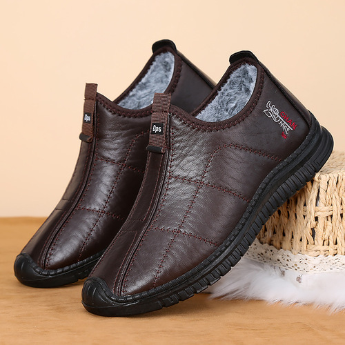 Winter large-size cotton shoes, men's warm and padded casual leather shoes, non-slip, middle-aged snow boots