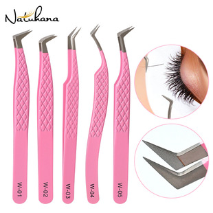 NATUHANA ultra-precision inner and outer diamond anti-skid design eyelash tweezers pink W series can take more flowering