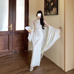 新しい中国風の改良されたチャイナドレスレースの女性の夏スリムシフォン美しいウエストカバーヒップロングスカートカーディガン日焼け止め