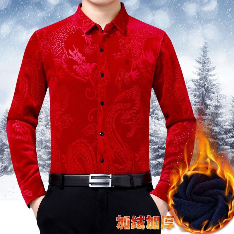 men's wear Cashmere sweater Long sleeve shirt middle age man dad Year of fate Bright red Plush thickening keep warm shirt