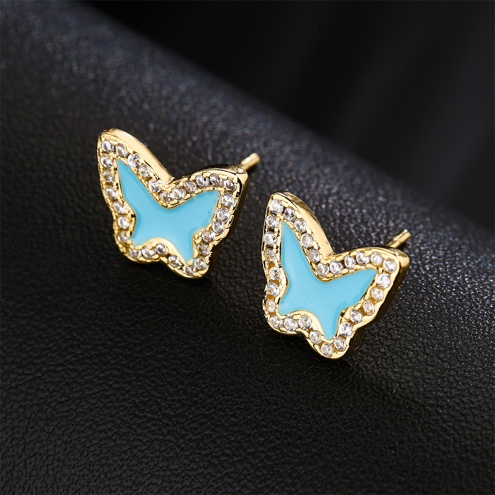 Pink White Blue Three-color Oil Drop Copper Plated 18k Gold Cute Butterfly Stud Earrings display picture 2