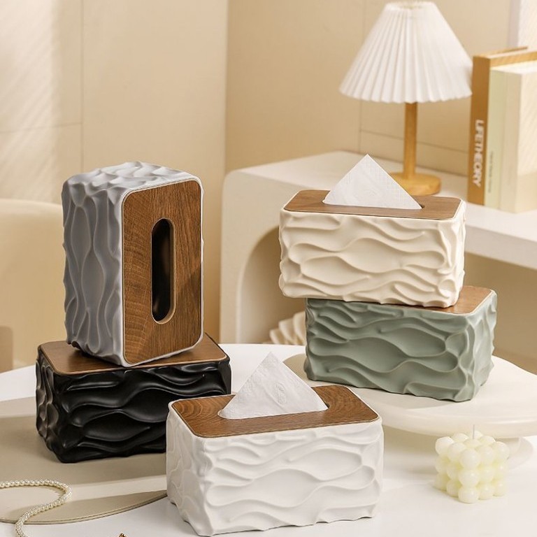 Escritorio creativo simple de gran capacidad rayas caja de extracción de papel plástico hogar sala de estar cubierta de madera caja de servilletas de servilletas