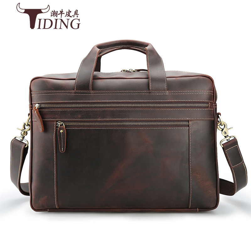 Manufacturer Customized Genuine Leather Men's Briefcase Large Capacity 17inch Laptop Bag Crazy Horse Leather Business Handbag for Men