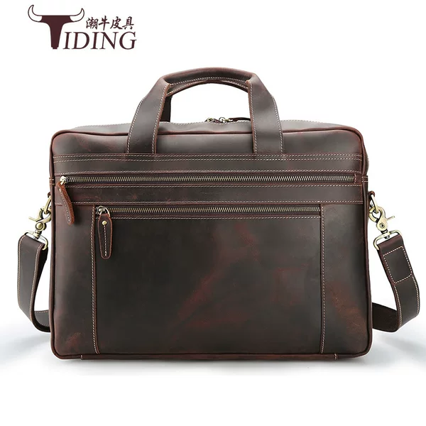 Manufacturer Customized Genuine Leather Men's Briefcase Large Capacity 17inch Laptop Bag Crazy Horse Leather Business Handbag for Men