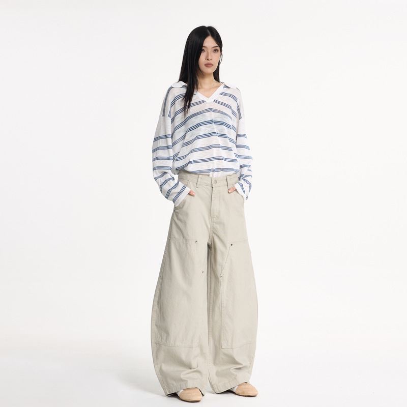 橙绢女装#美式浅杏色工装裤女秋季宽松高街弯刀阔腿休闲伐木裤子|undefined