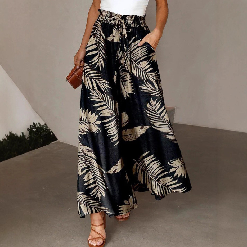 2025 European and American Women's Clothing Leaf Print High-Waisted Amazon Cross-Border Export Casual Pants with Drawstring Waist and Loose Trousers