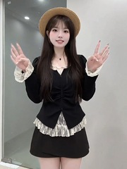 大码胖mm纯欲蕾丝拼接假两件长袖T恤女秋季遮肉显瘦洋气减龄上衣