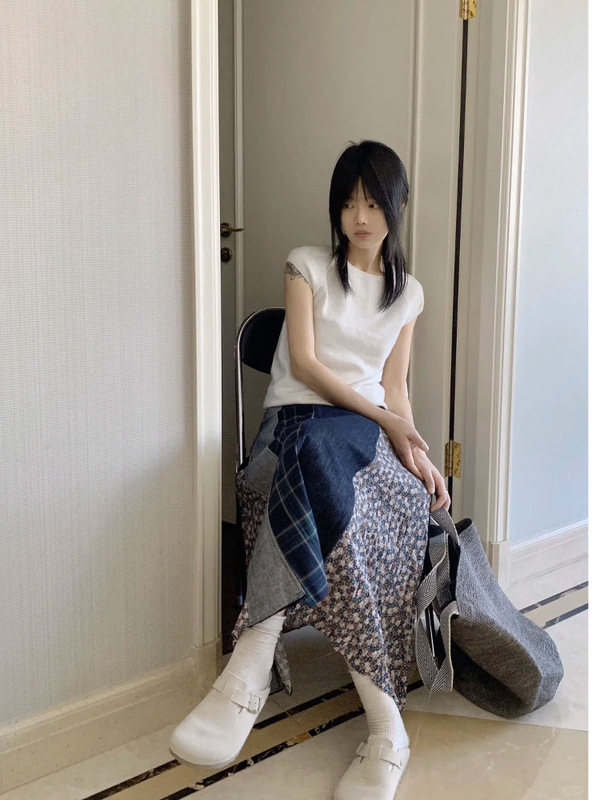 日系流浪风拼接格子半裙女春秋开叉设计感牛仔A字碎花半身中长裙|undefined