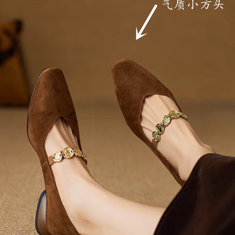 现货方头金币链玛丽珍鞋女2025新款复古法式舒适百搭低跟粗跟单鞋|undefined