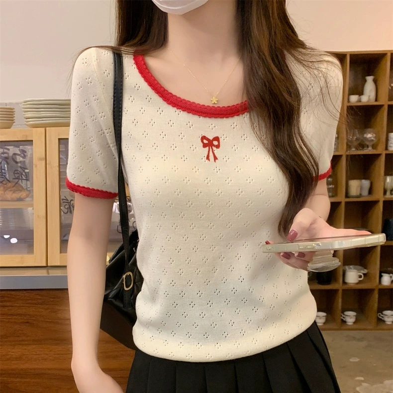 Свитер с короткими рукавами и вышивкой бантом, летний короткий топ в корейском дизайне