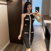 Black and white color matching round neck single breasted A-line skirt hip skirt vest dress