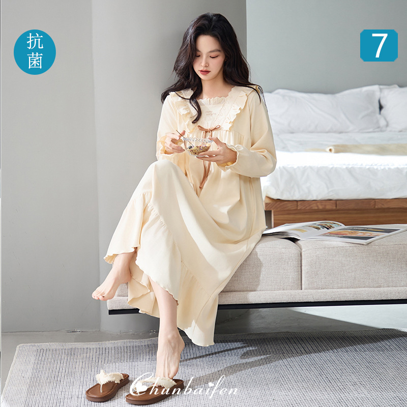 Nightgown Pure Cotton Category a Spring and Autum Long-Sleeved Women's Winter Home Wear Maternity Large Size 100kg Fat mm Pajamas for Women