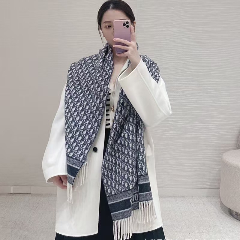 秋冬新款D字母羊毛提花围巾女大牌羊绒披肩双面流苏保暖围脖批发|undefined