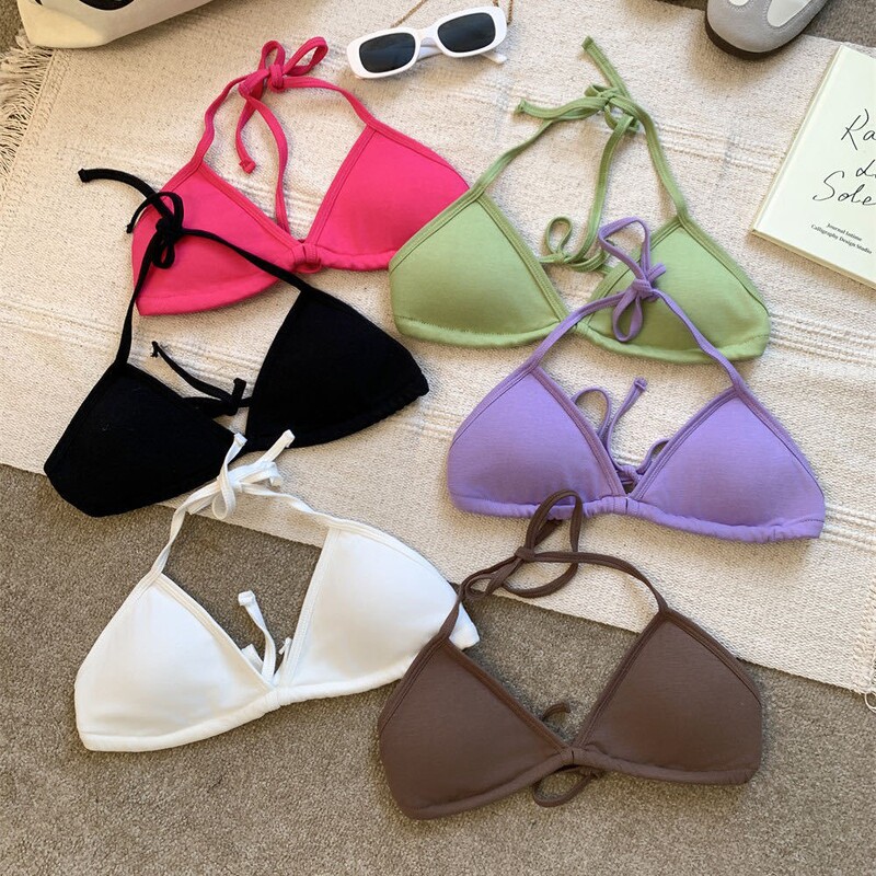 Sexy Strap Design Sense Neck Lingerie Women's Summer Triangle Cup Inner Wear Beautiful Back Bikini French Bra Top