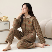 冬季新款加绒加厚珊瑚绒女家居服三层纯棉夹棉秋冬款法兰绒睡衣女