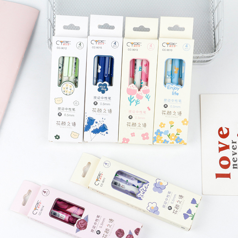 High-Looking Flower-Faced Student Gel Pen, Four Pens in a Box, Press Flower Stationery Pen Set