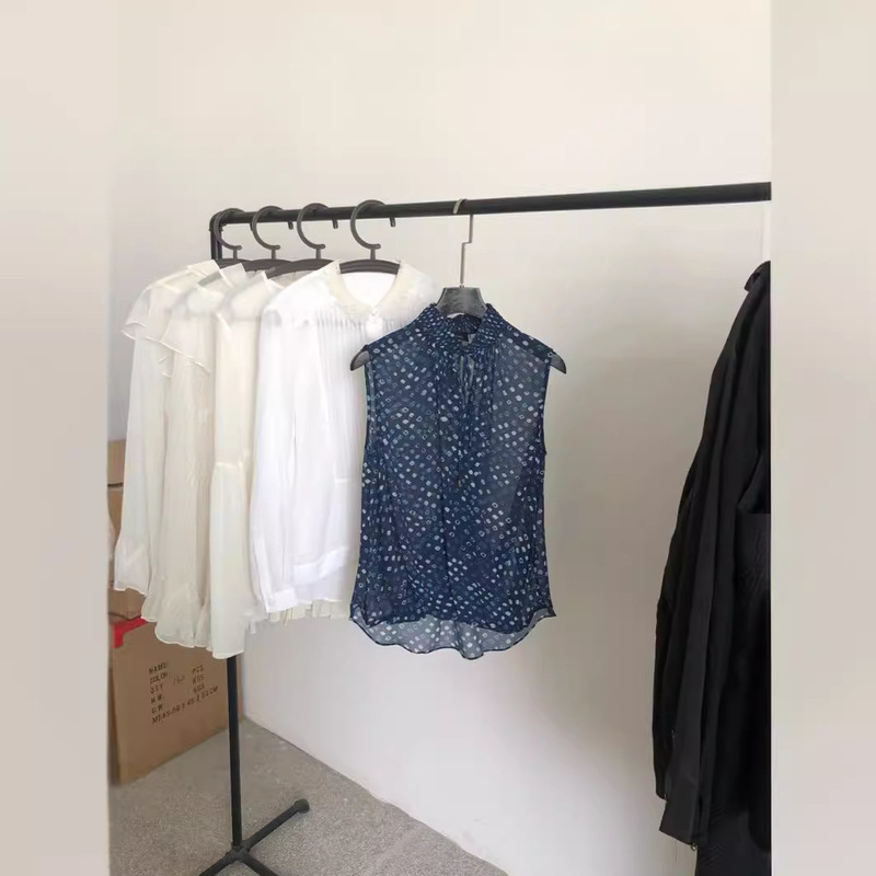 Last Stock Australian Hk Tail Single Silk Georgette Blue Printed Sleeveless Short-Sleeved Elegant Commuter Shirt