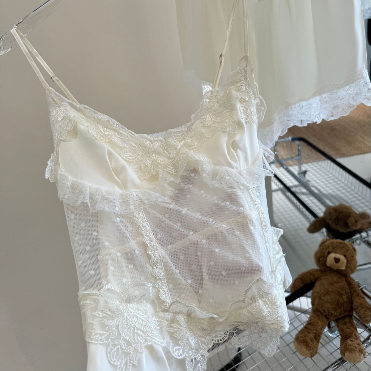 New Sweet Princess Pajamas Women's Four-Piece Spring and Summer Long-Sleeved Ice Silk Pure Desire Suspenders Sexy Hollow Home Clothes