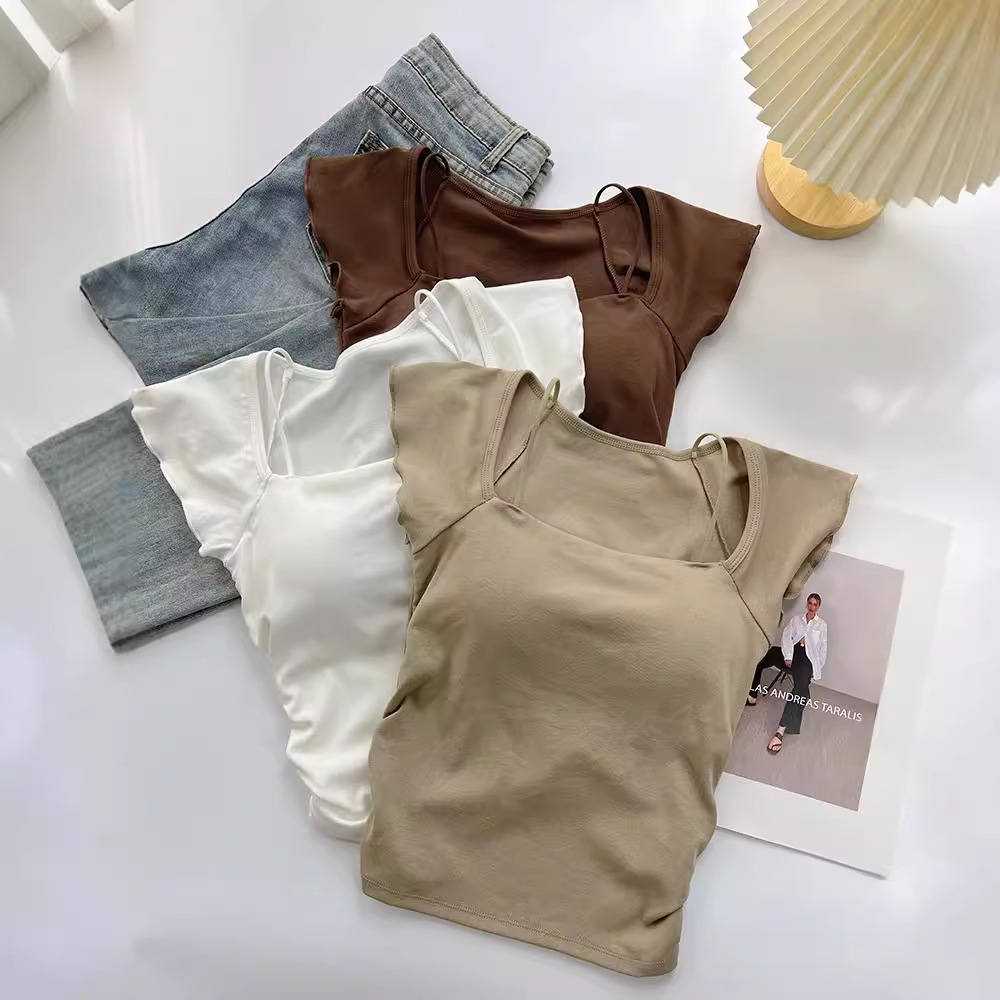 Unique and Chic Square Collar Short Camisole with Breast Pads to Reveal Beautiful Back with Small Flying Sleeves and Sleeveless Top for Women