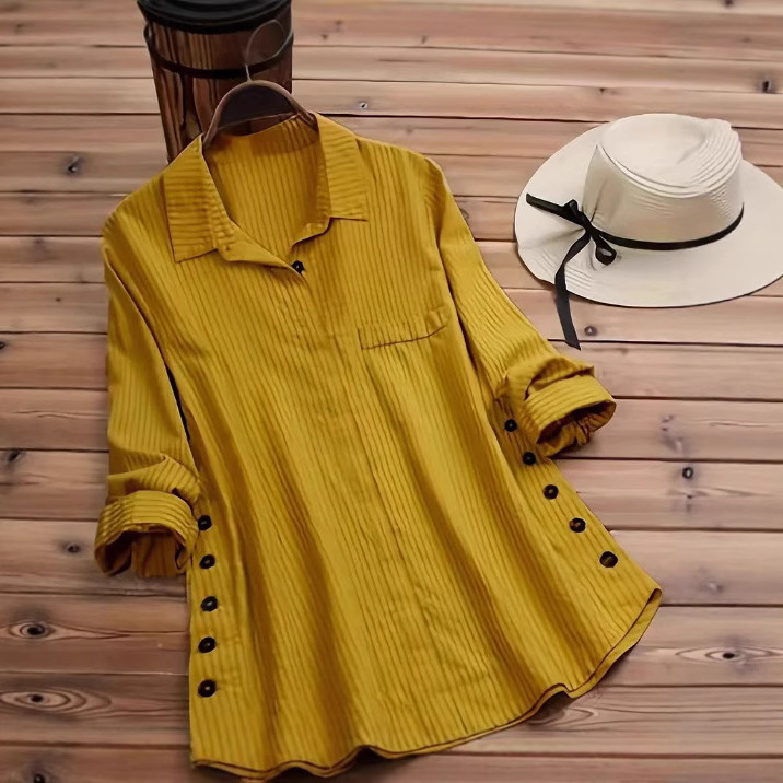 2025 Spring and Autum New Women's Pure Color Button Cotton and Linen Fake Flap Pocket Pants Long-Sleeved Shirt Tops