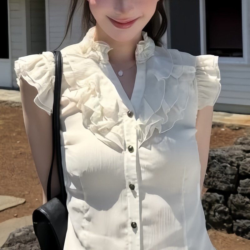 Yangizfan"Miss Aurora" Korean-Style Fragrant and Gentle Ruffled Blouse with a Stylish Vibe and Small Flying Sleeves
