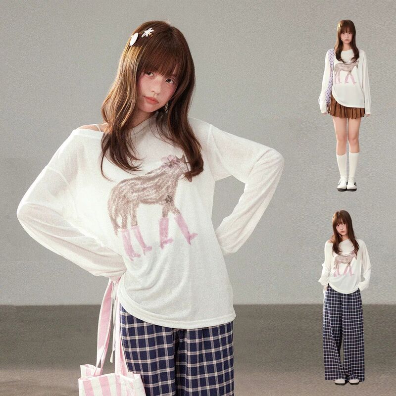 Korean Style 2026 New Trendy One-Shoulder Semi-Transparent Sun Protection Shirt with Drawstring Cover-Up, White Printed Long-Sleeve T-Shirt for Women