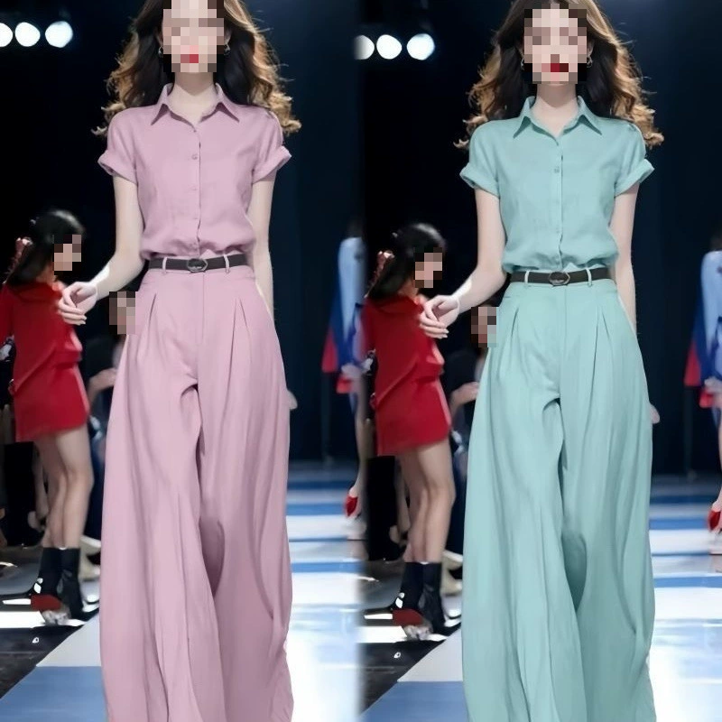 Летний костюм 2025 года, модный стиль, новая модель, рубашка с коротким рукавом, широкие брюки, двухкомпонентный костюм, однотонный, короткий рукав.