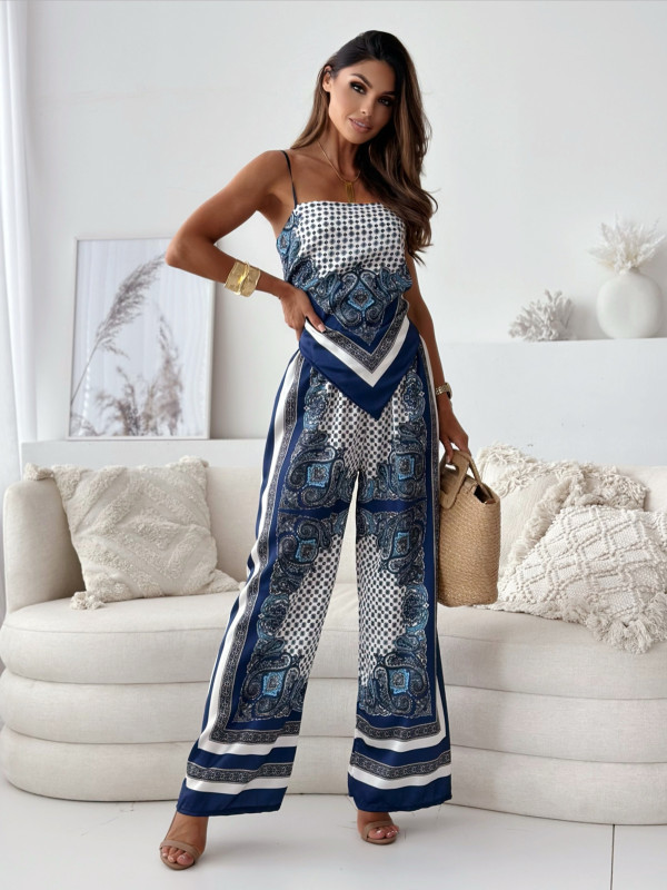Women Clothing Printed Sexy Spaghetti Straps Corset Positioning Floral Trousers Two Piece Sets