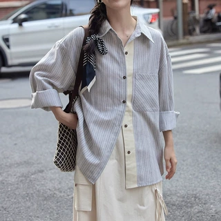 宽松拼接条纹长袖衬衫女秋季设计感韩系衬衣外套新款早秋上衣