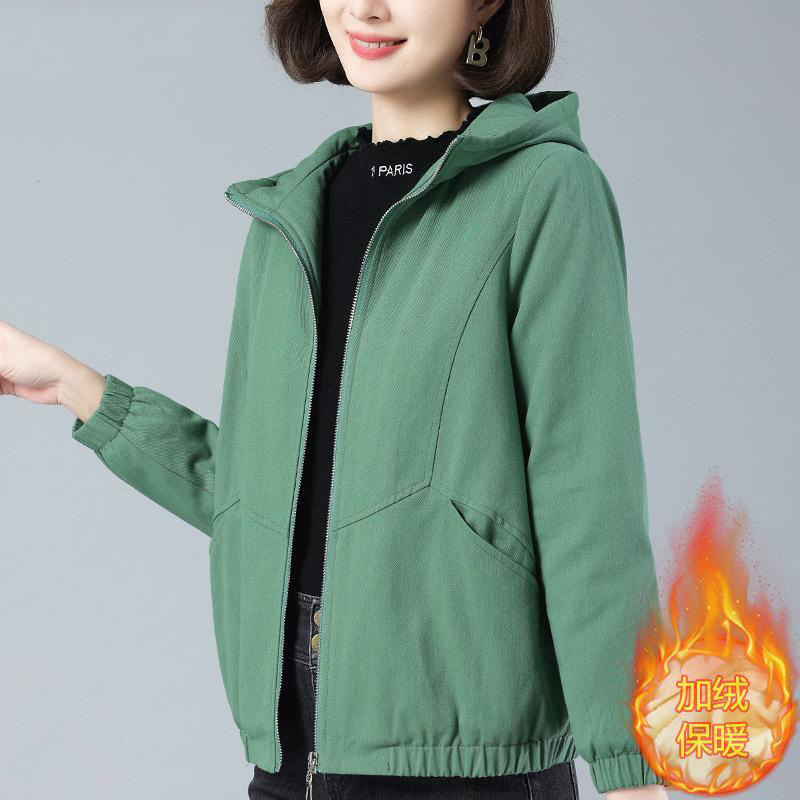 妈妈棉女士短外套休闲洋气中老年春秋装新款宽松连帽小个子夹克|undefined