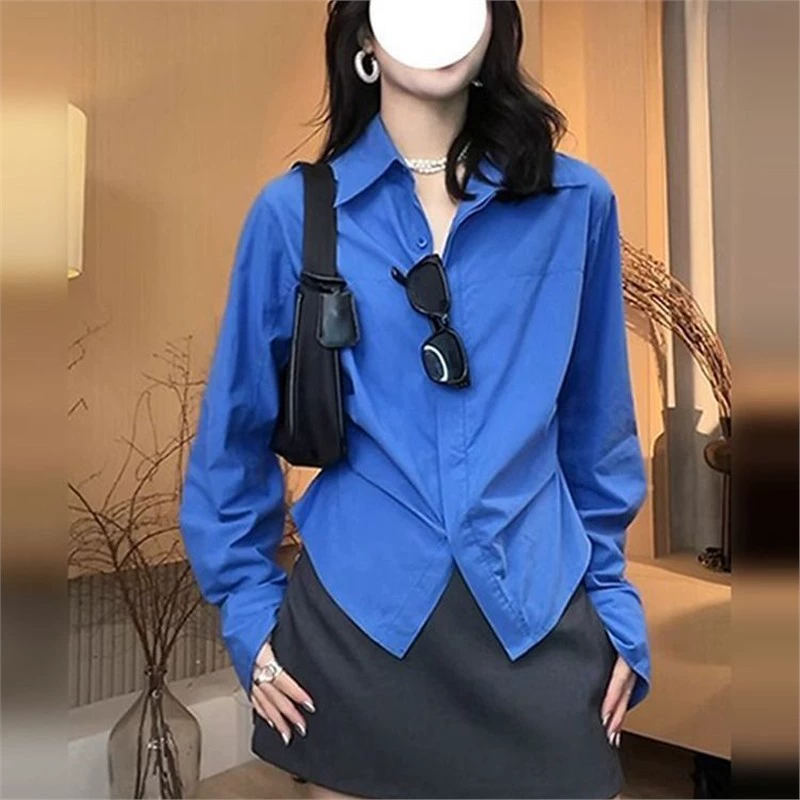 IU слегка полная MM Klein синяя рубашка женская облегающая рубашка с многослойным дизайном и нишей на талии, рубашка с длинными рукавами