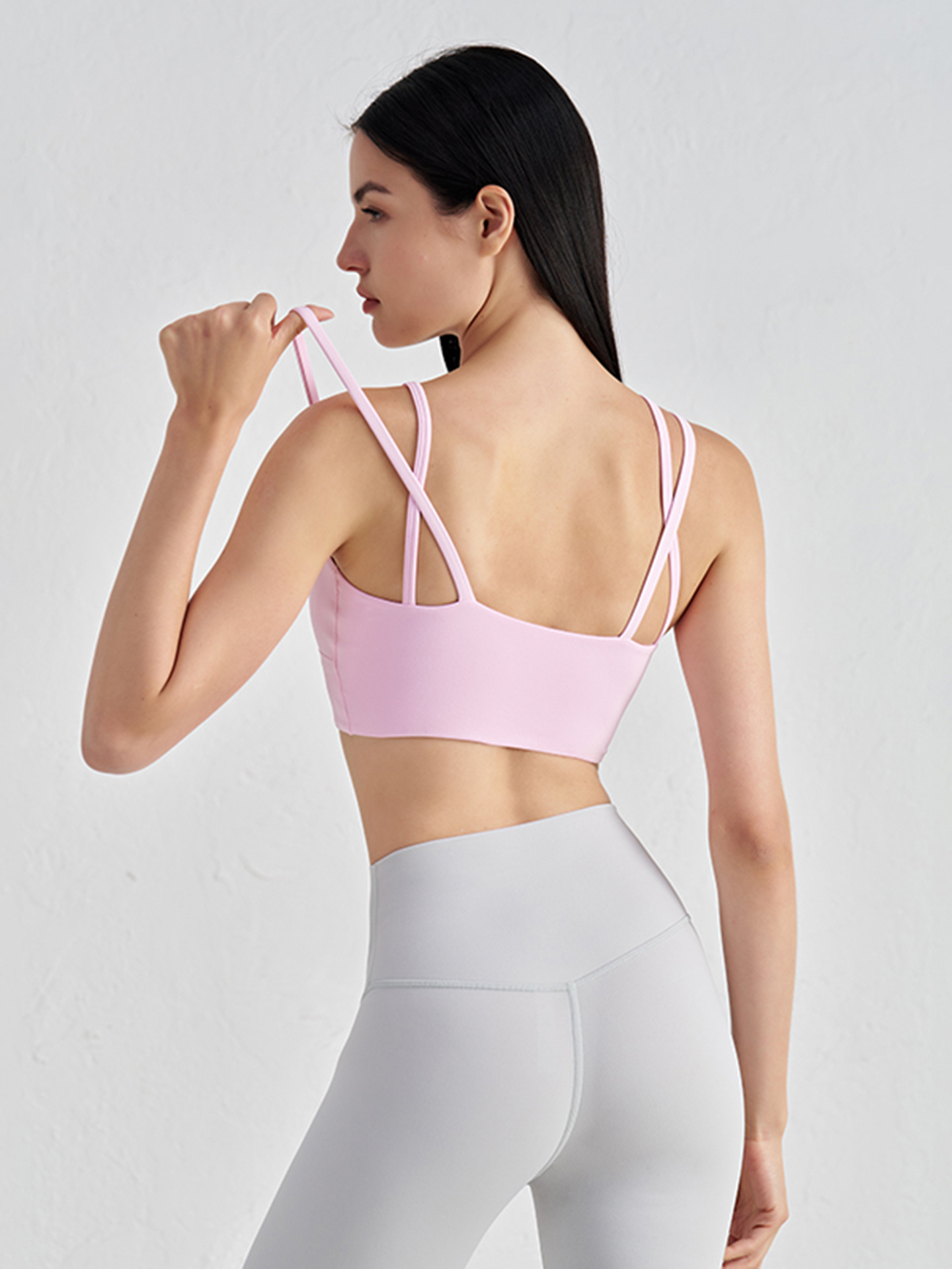Desnudo con cuello en V, doble cabestrillo, chaleco de yoga, almohadilla para el pecho, tirantes finos, ropa interior deportiva, sujetador de fitness para mujer, hermosa espalda