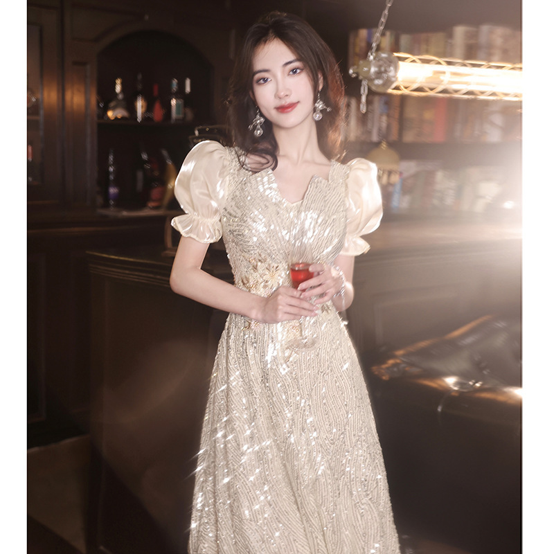 Vestido de noche de lentejuelas para mujer, vestido largo estilo francés para anfitriona, banquete, fiesta, ropa de noche, reunión anual de la empresa.