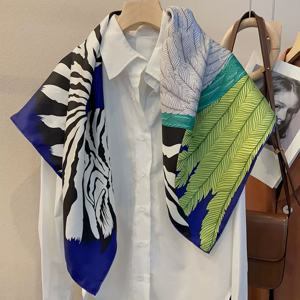 难得一见的轻奢蓝绿！气质斑马纹真丝桑蚕丝丝巾女春季百搭中方巾
