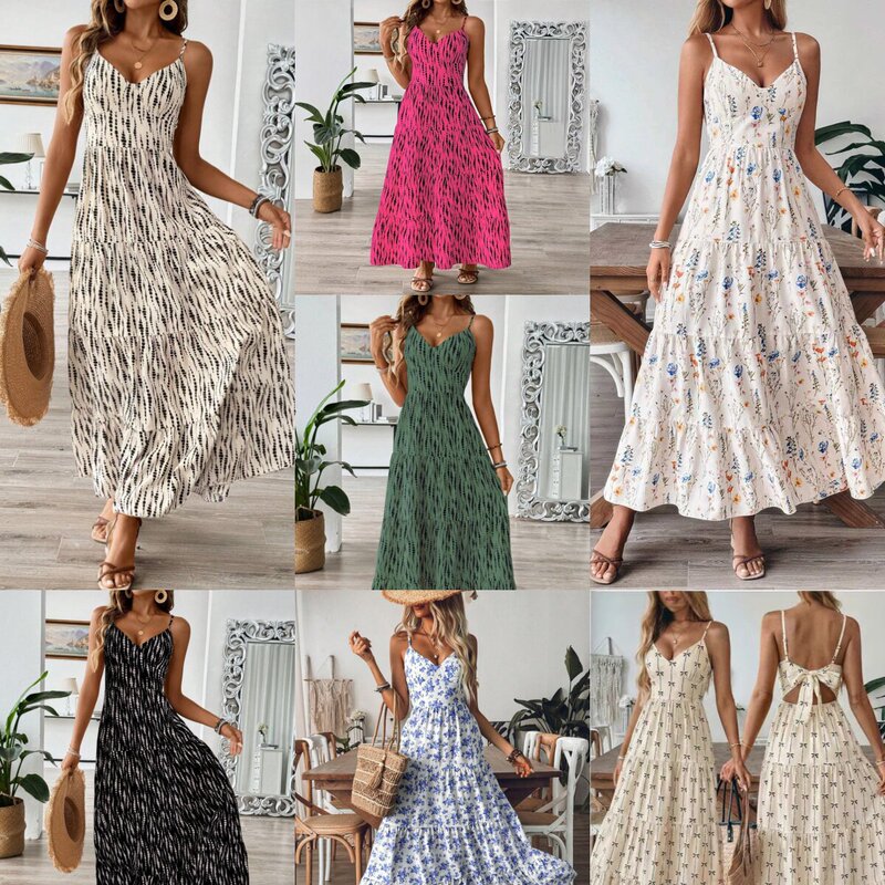 Women's Leather Belt Spaghetti Strap Patchwork Dress Beach Vacation Set Women's Summer Long Dress Seaside Vacation Dress