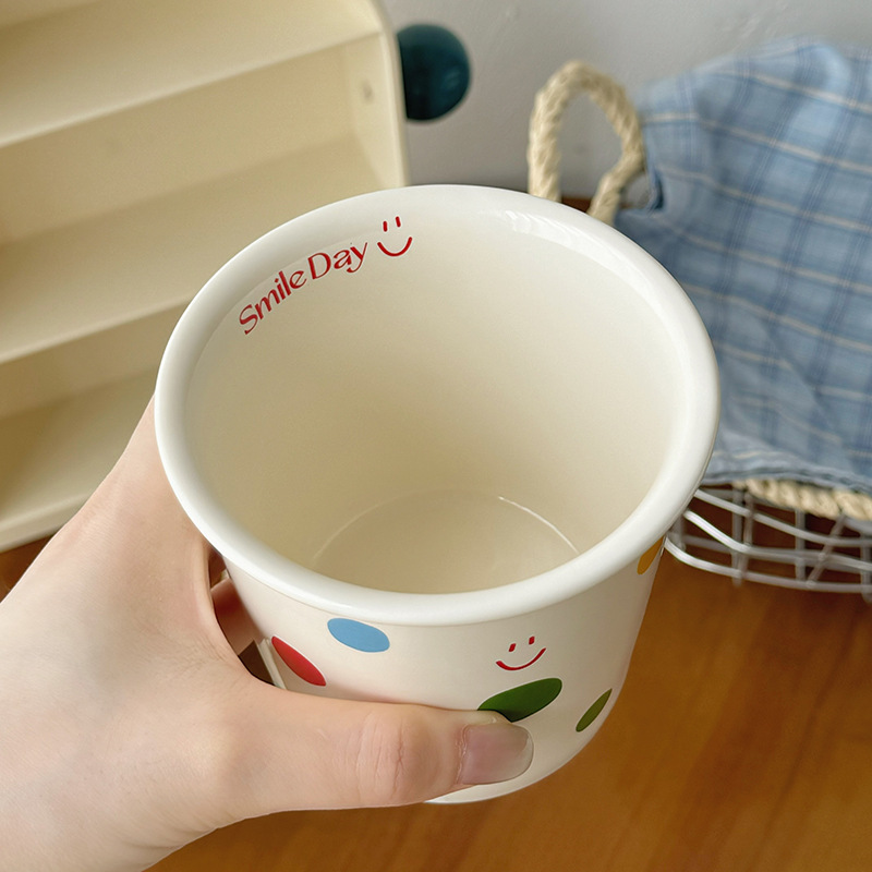 新品insカラー波点コーヒーカップ手持ちセラミックカップヨーグルトカップ蓋付き密封マグカップ高颜値|undefined