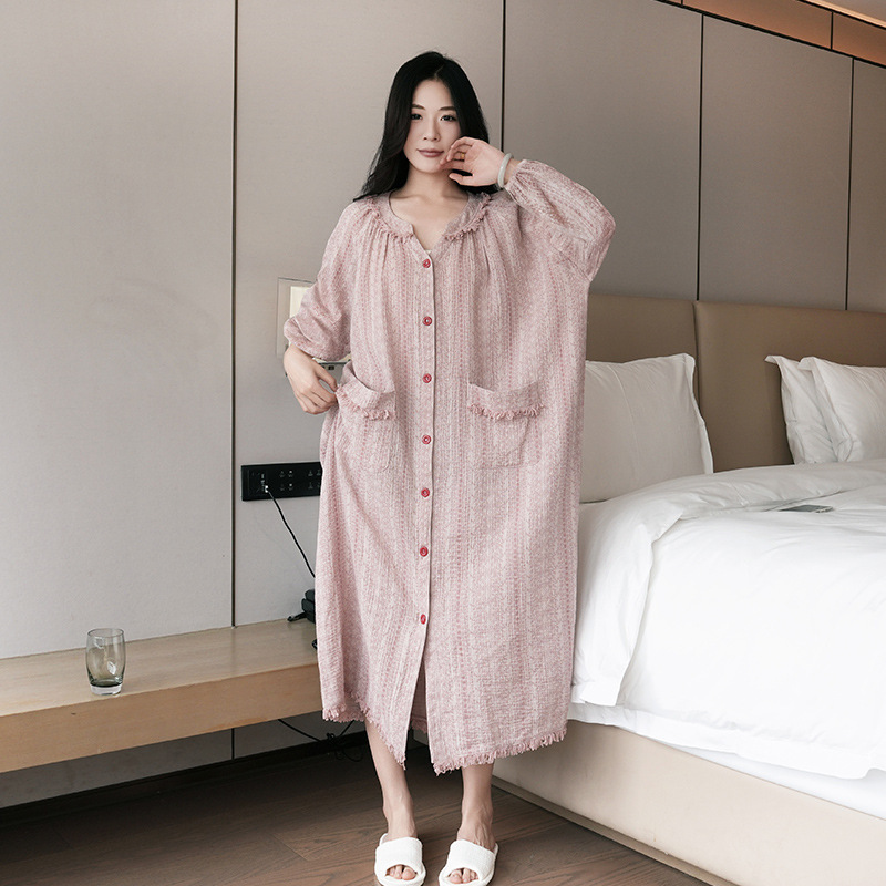 Pure cotton long-sleeve home wear, high-end cardigan, plus size, double-layer cotton gauze pajamas, can be worn outside, plus size women's nightgown Pure cotton long-sleeve home wear, high-end cardigan, plus size, double-layer cotton gauze pajamas, can be worn outside, plus size women's nightgown