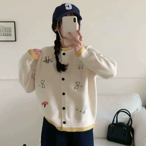 秋冬新款刺绣假两件女士毛衣圆领甜美针织衫糖果色百搭多巴胺上衣|undefined