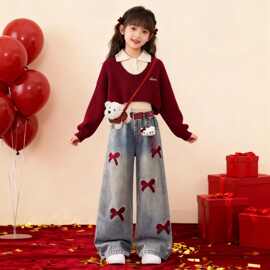 新年红色毛衣套装  儿童多巴胺毛衣一整套装
