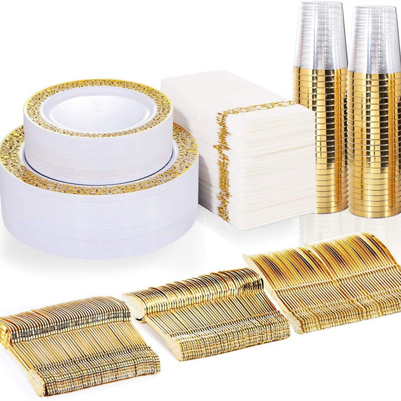 황금 속이 빈 접시 + 10 온스 컵 + 12 나이프, 포크 앤 스푼 + 황금 종이 타월 각 25 개 1 세트