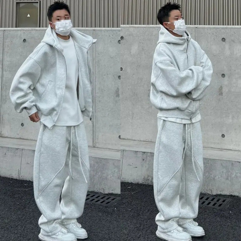 男士套装宽松连帽秋季外套卫衣卫裤两件套纯色休闲运动套装一整套|undefined
