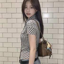 韩系复古格子短袖衬衫女夏2026新款掐腰气质衬衣修身显瘦辣妹上衣