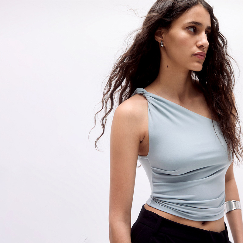 Y24TP188欧美女装夏季亚马逊新款纯色无袖斜领纽带性感单肩上衣女