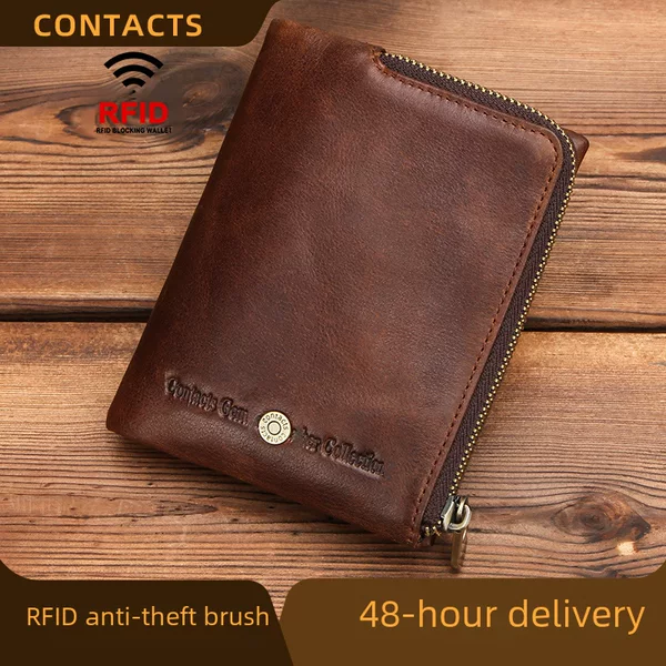 Black Angel RFID Anti-theft Brush Layer Cowhide Men's Wallet European and American Fashion Zipper Coin Purse Spot