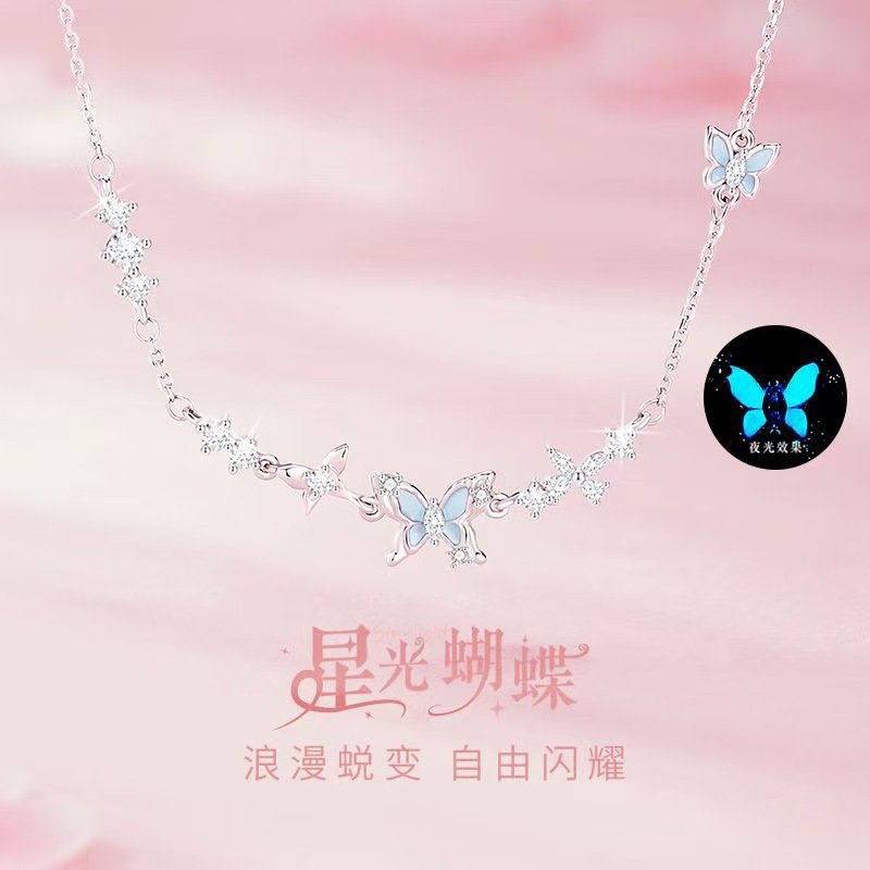 S925 Sterling Silver Starlight Butterfly Necklace for Girls, Accessible Luxury Niche Luminous Enamel Clavicle Chain, Birthday Gift for Girlfriend